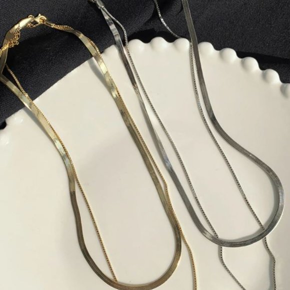 Silver Snakechain Layered Herringbone Necklace - Picture 2 of 8